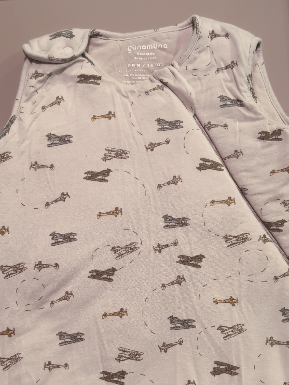 Gunamuna bamboo sleep sack, size 9-18 months, 2.6 TOG — vintage airplane print